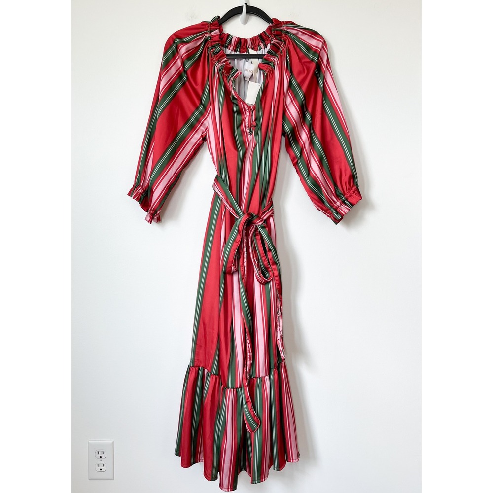 NEW Dondolo Caroline Satin Midi Dress Christmas Stripe Tiered Ruffle Womens XL